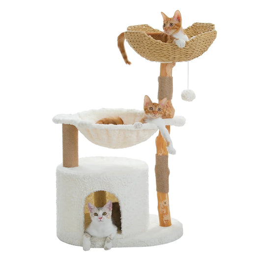 Plush 105cm Real Wood Cat Tree in White Cloud-0