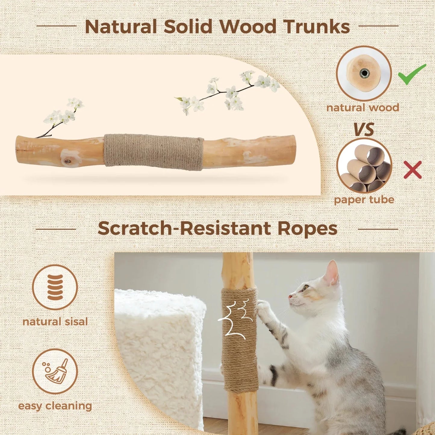 Plush 105cm Real Wood Cat Tree in White Cloud-3