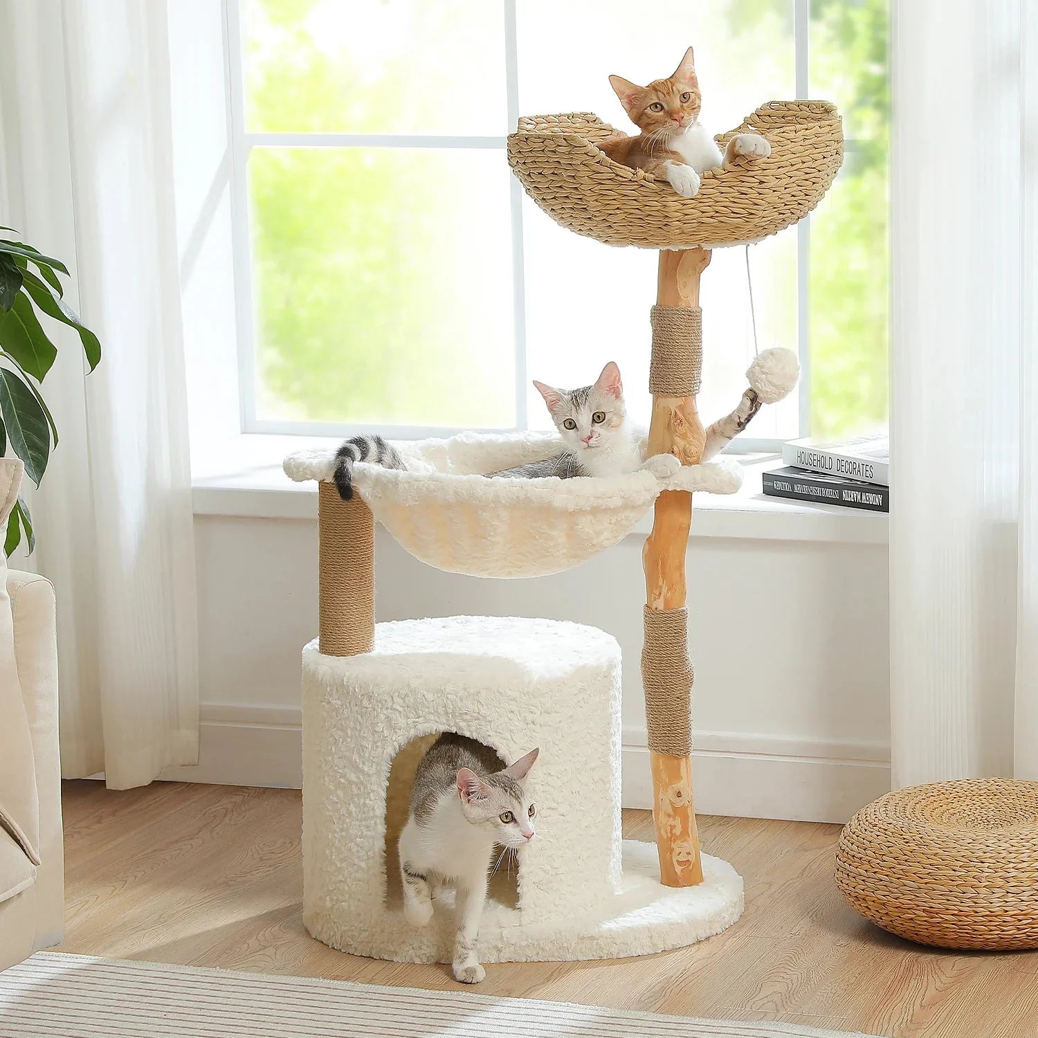 Plush 105cm Real Wood Cat Tree in White Cloud-1