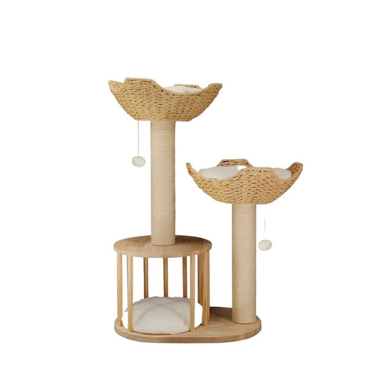 Wooden Rattan Cat Tree Tower Large with Open Condo Bed-0