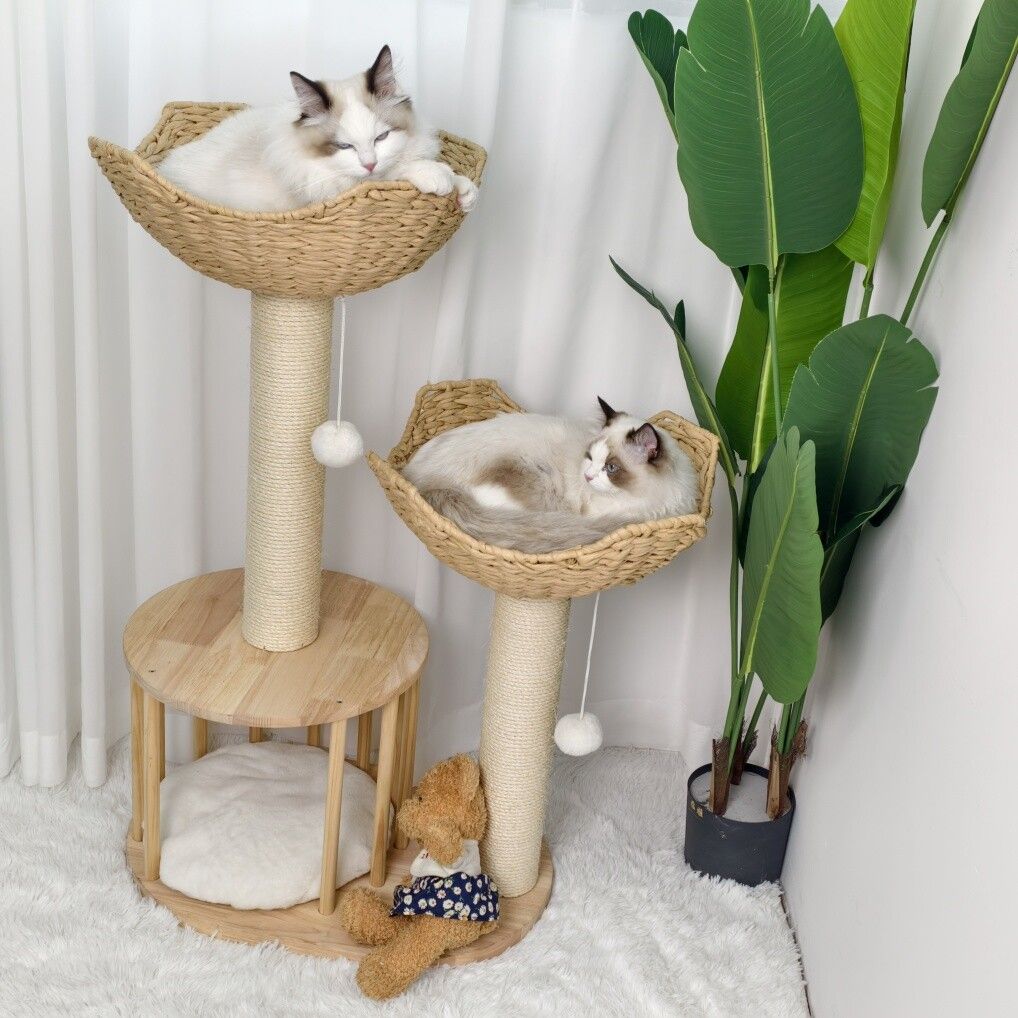 Wooden Rattan Cat Tree Tower Large with Open Condo Bed-2
