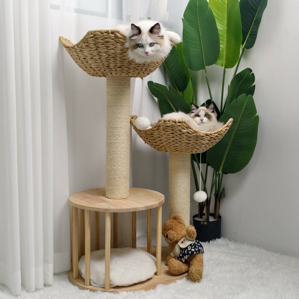 Wooden Rattan Cat Tree Tower Large with Open Condo Bed-3
