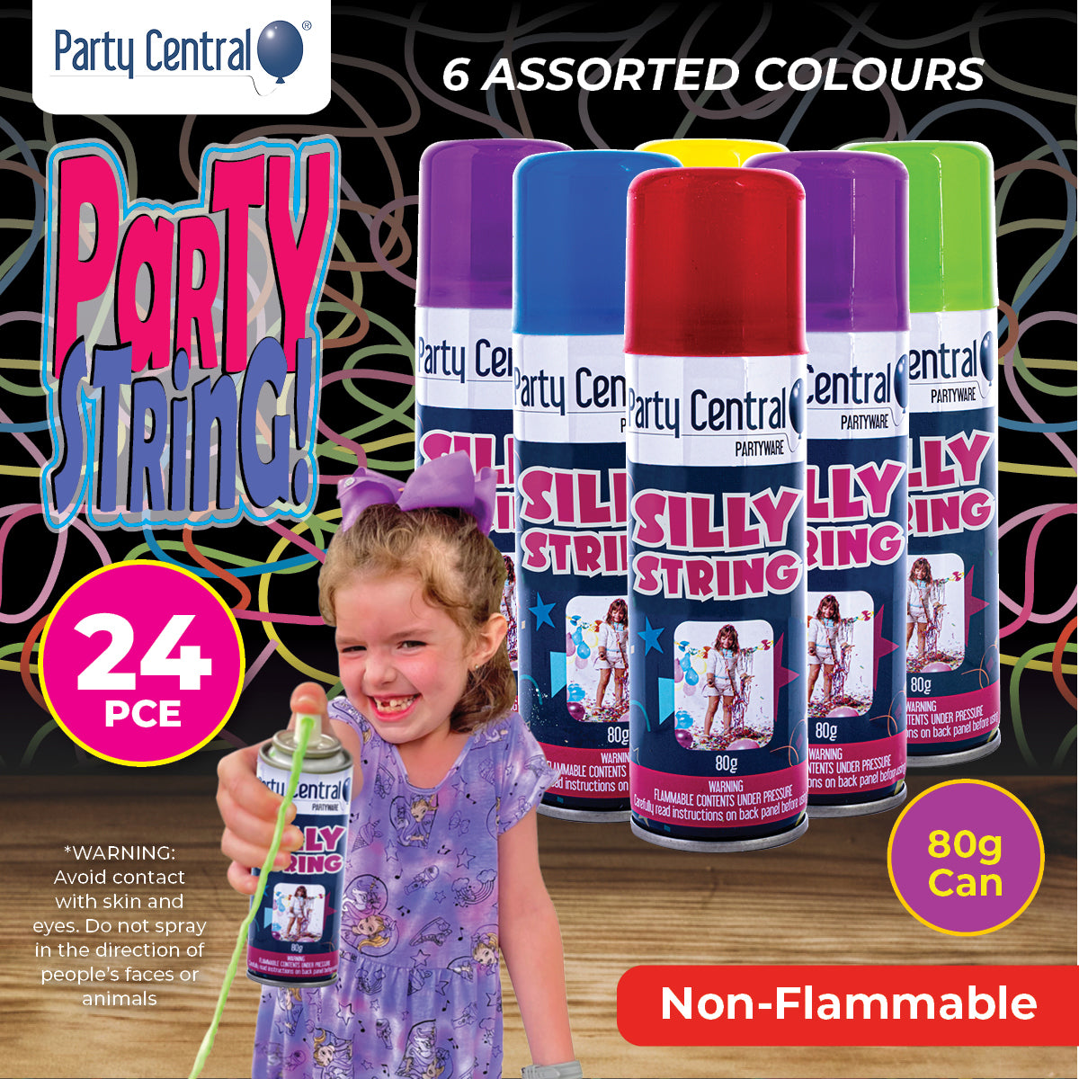 Party Central 24PCE Silly String Assorted Colours Non-Flammable 80g