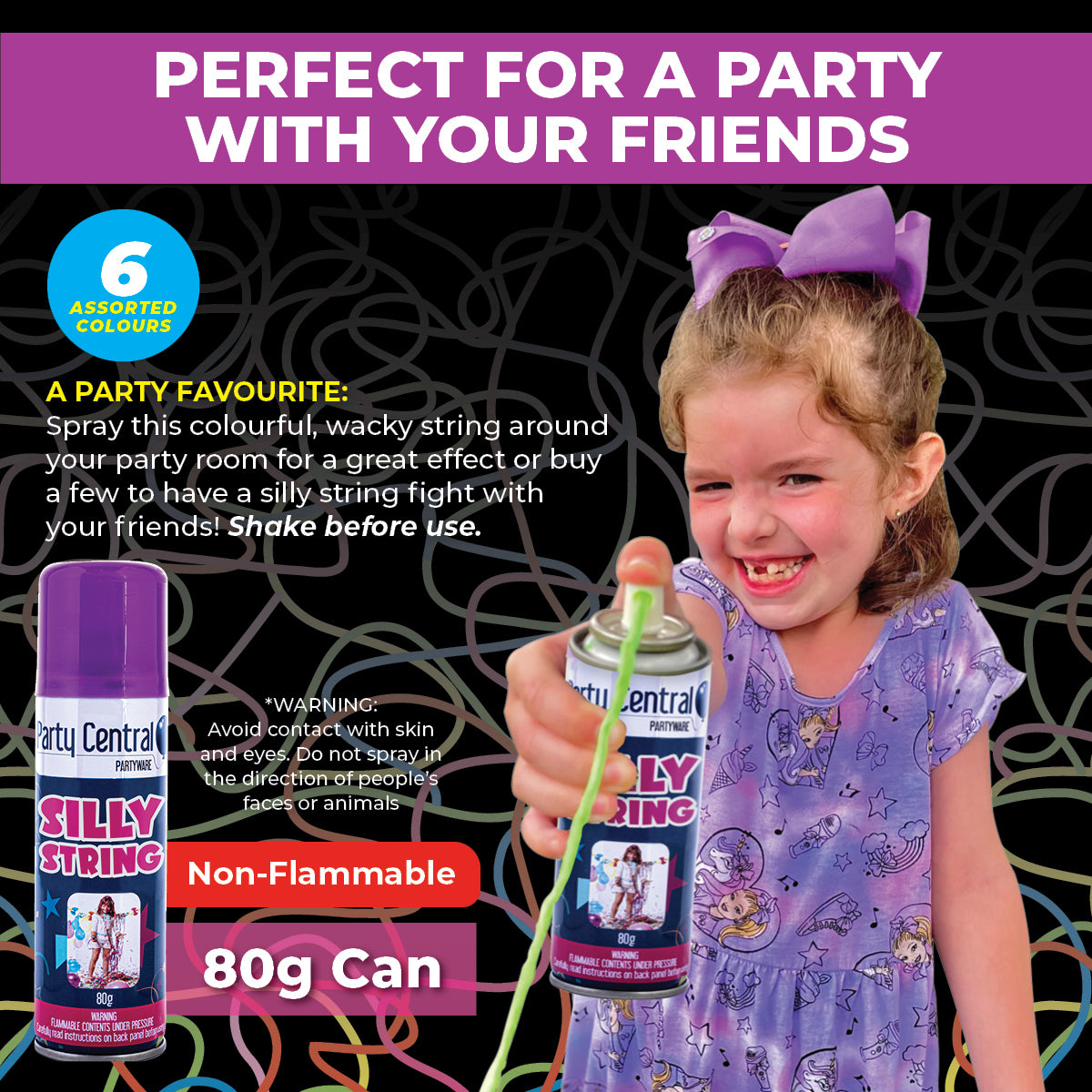 Party Central 24PCE Silly String Assorted Colours Non-Flammable 80g
