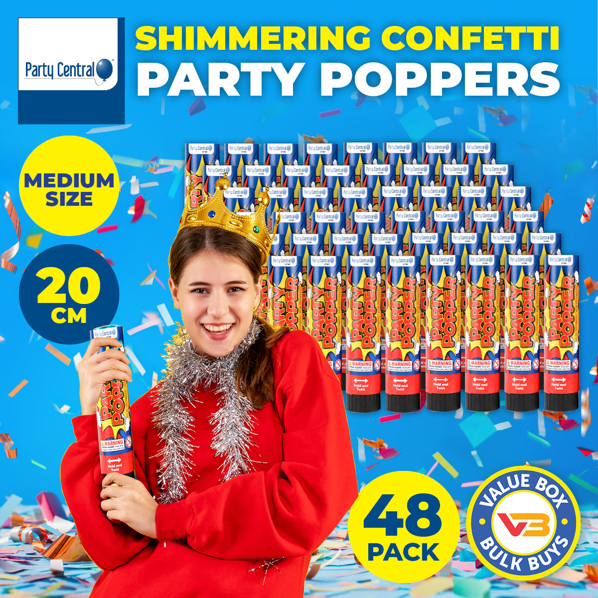 Party Central 48PCE Party Poppers Twist Release Shimmering Confetti 20cm