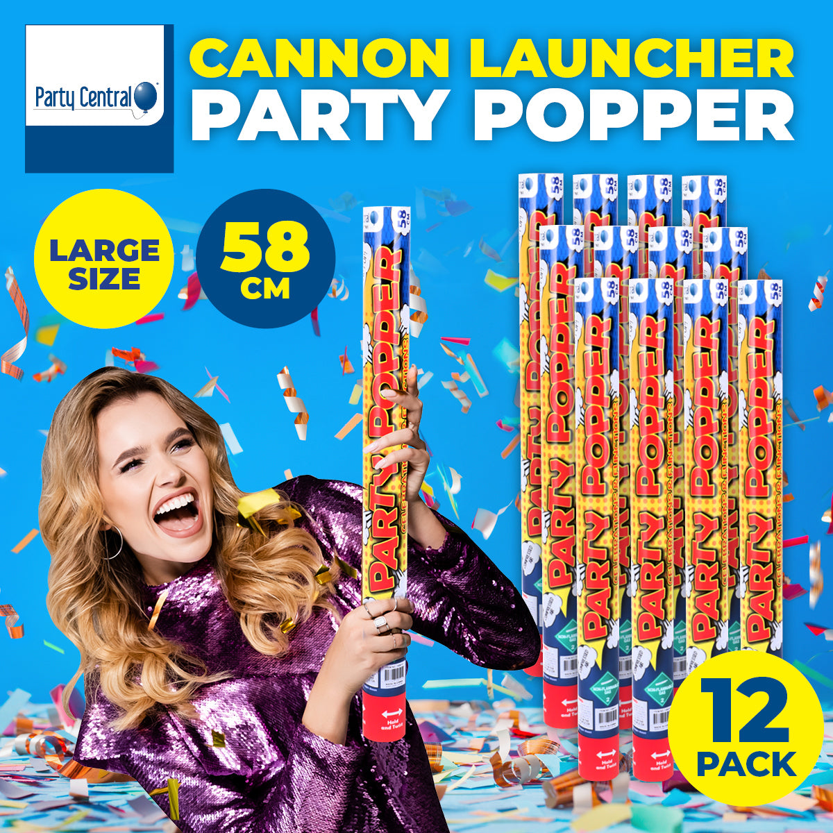 Party Central 12PK Party Popper Cannon Launcher Multicolour Confetti 58cm