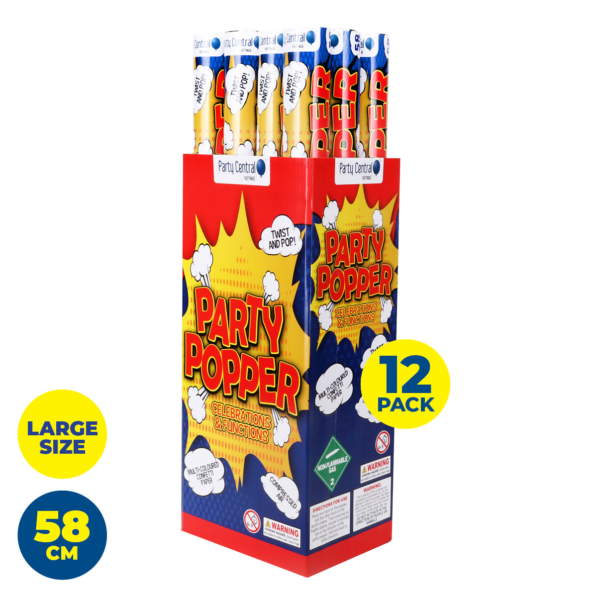 Party Central 12PK Party Popper Cannon Launcher Multicolour Confetti 58cm