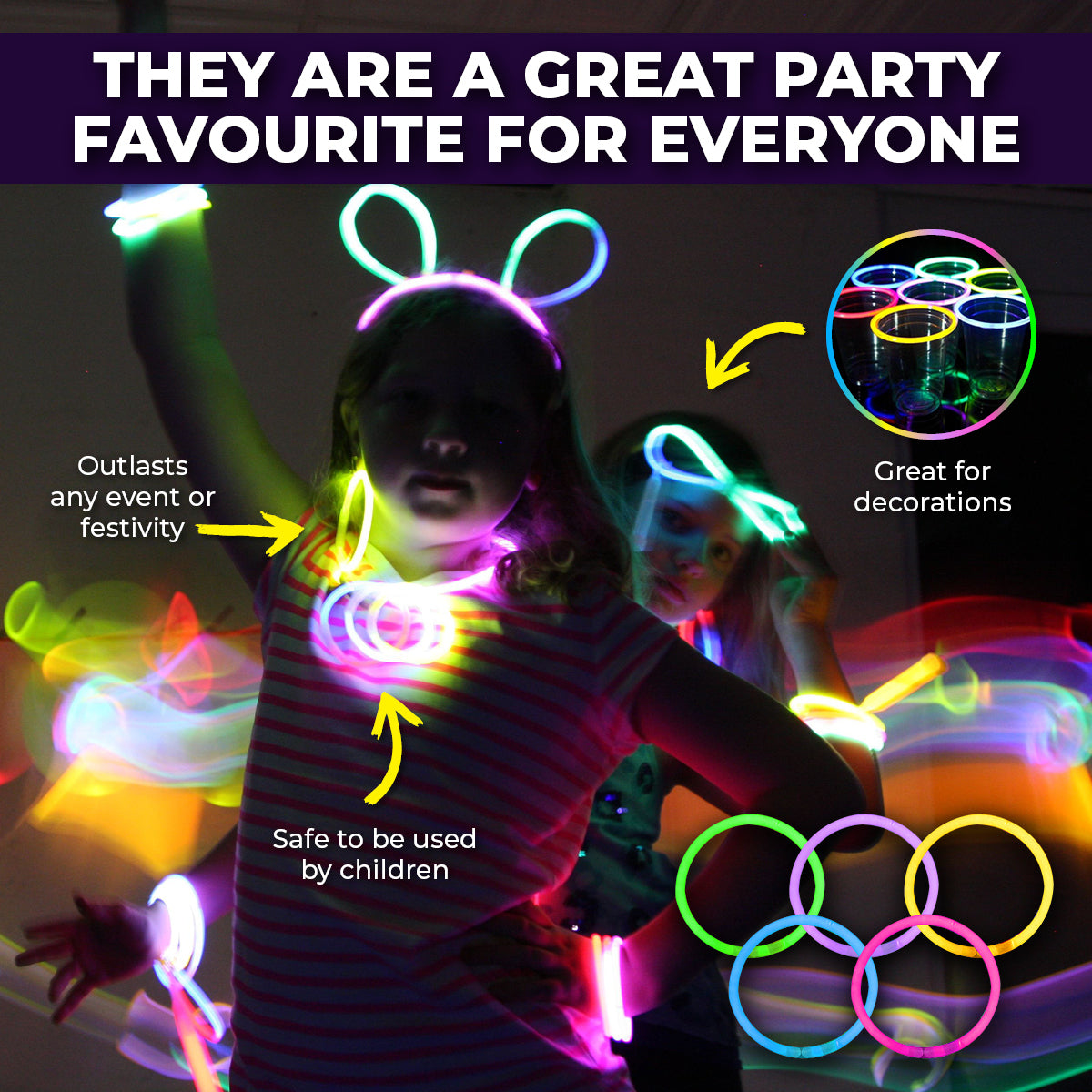 Party Central 600PCE Glow Stick Bracelets Bright Long Lasting Colours 20cm