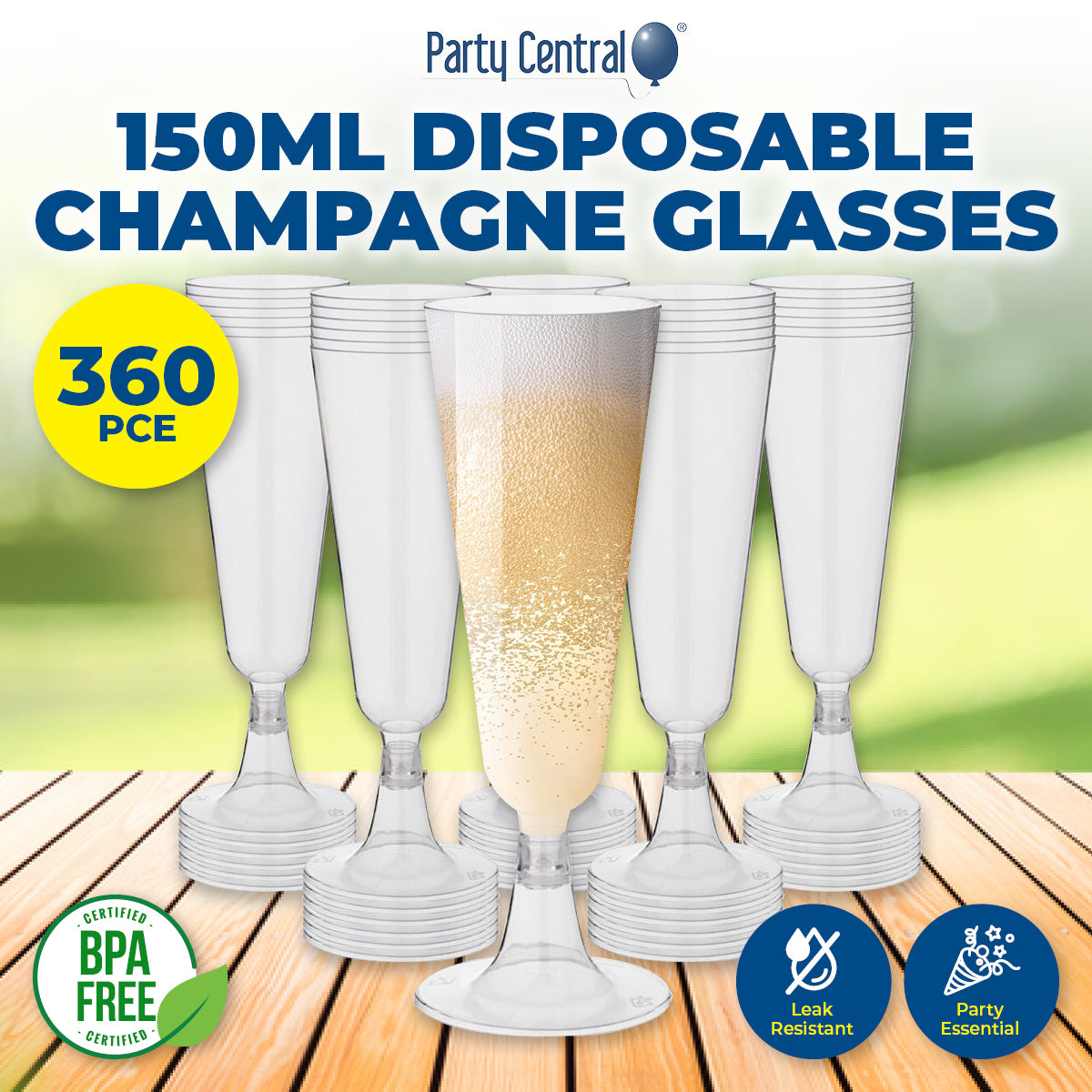 Party Central 360PCE Champagne Glasses Disposable Leak Resistant 150ml