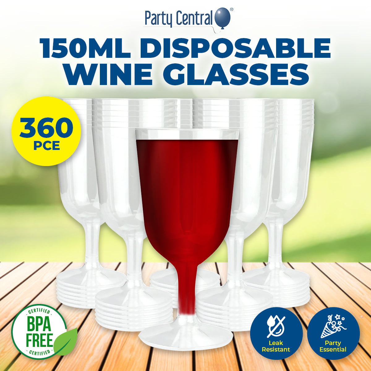 Party Central 360PCE Wine Glasses Disposable Durable Leak Resistant 150ml