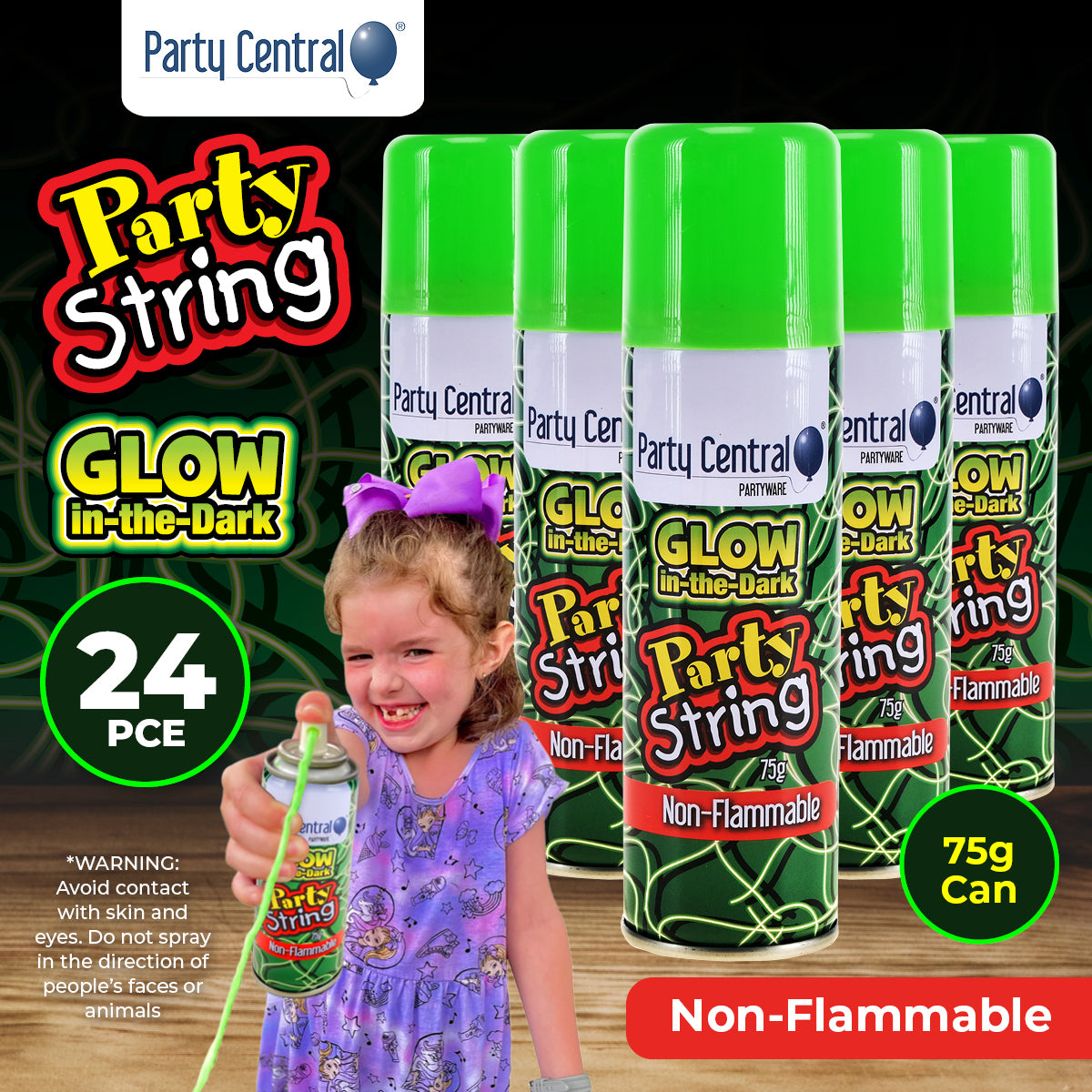 Party Central 24PCE Glow In The Dark Silly String Cans Non-Flammable 75g
