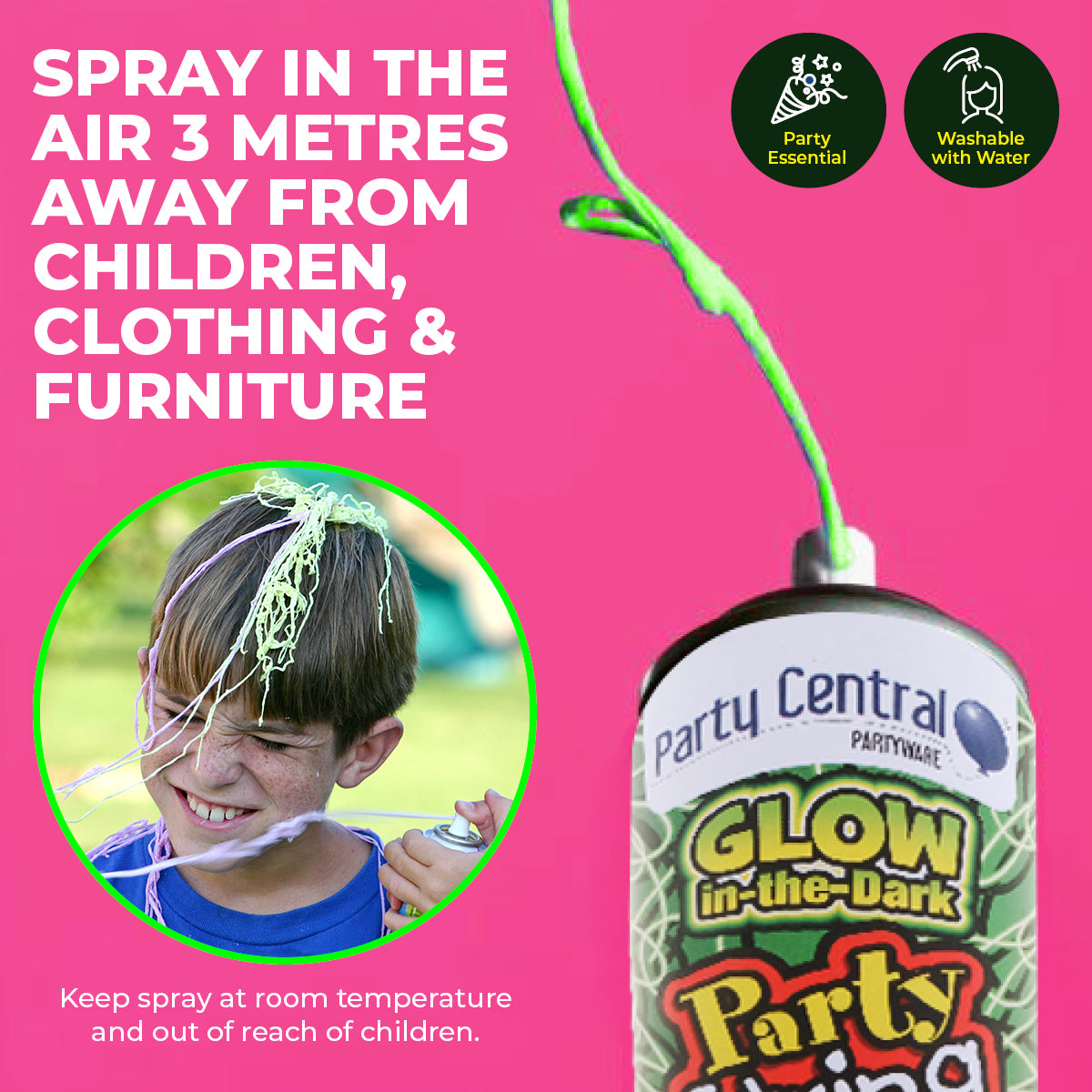 Party Central 24PCE Glow In The Dark Silly String Cans Non-Flammable 75g