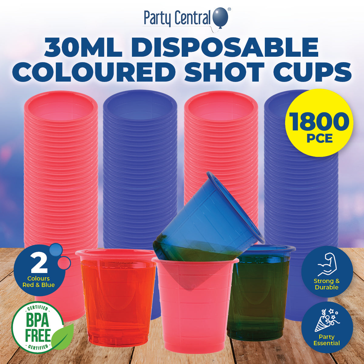 Party Central 1800PCE 30ml Coloured Shot Cups Drinks Jelly Sauces 40 x 45mm
