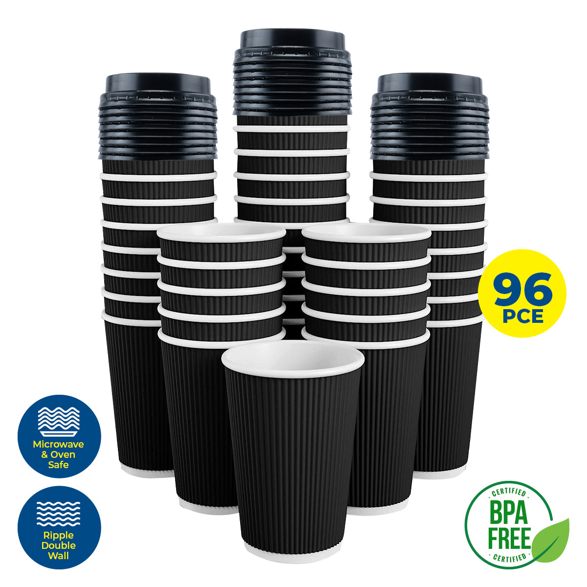 Party Central 96PCE Coffee Cups Matching Lids Disposable Triple Layered 230ml