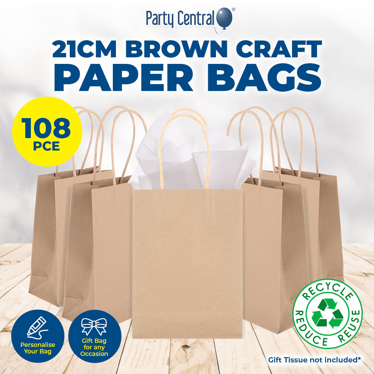 Party Central 108PCE Gift/Craft Paper Bags Brown Reusable 15 x 21cm