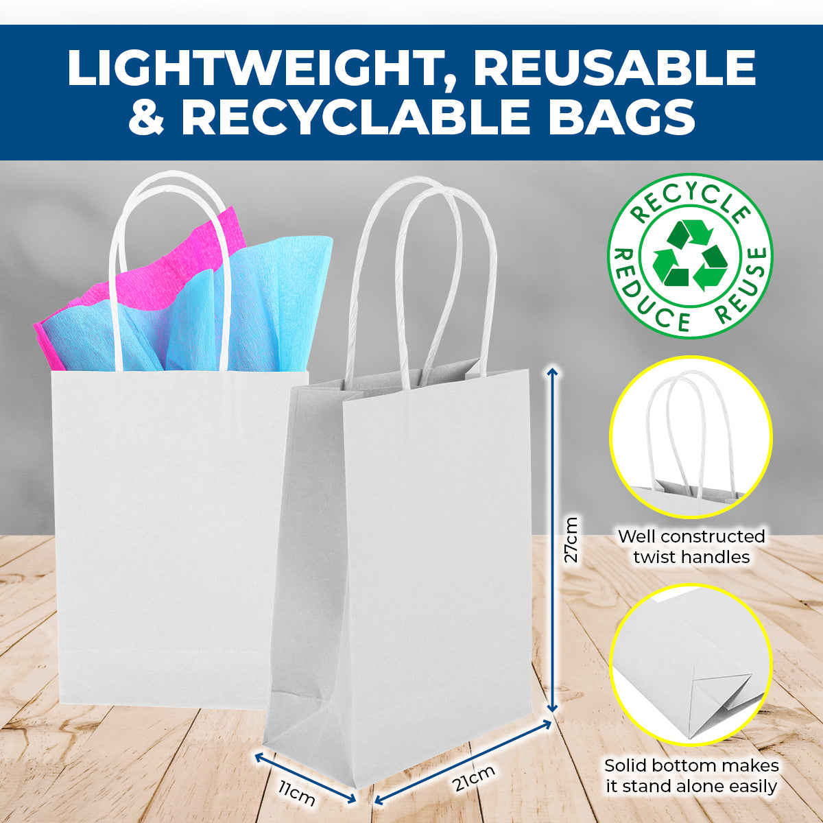 Party Central 72PCE Gift/Craft Paper Bags White Reusable 21 x 27cm