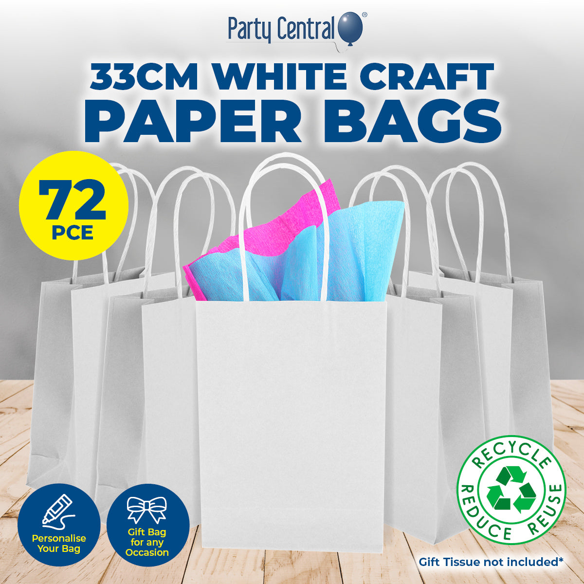 Party Central 72PCE Gift/Craft Paper Bags White Reusable 25 x 33cm