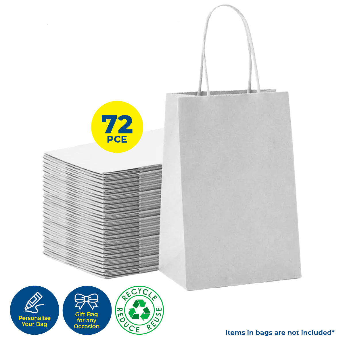 Party Central 72PCE Gift/Craft Paper Bags White Reusable 25 x 33cm