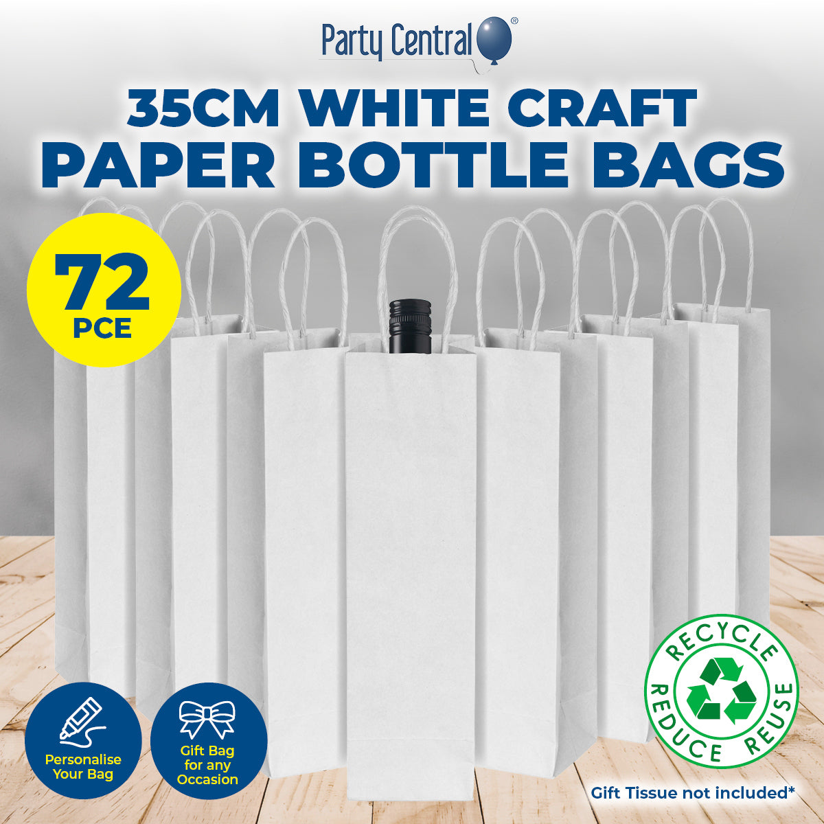 Party Central 72PCE Gift/Craft Paper Bottle Bags White Reusable 12 x 35cm