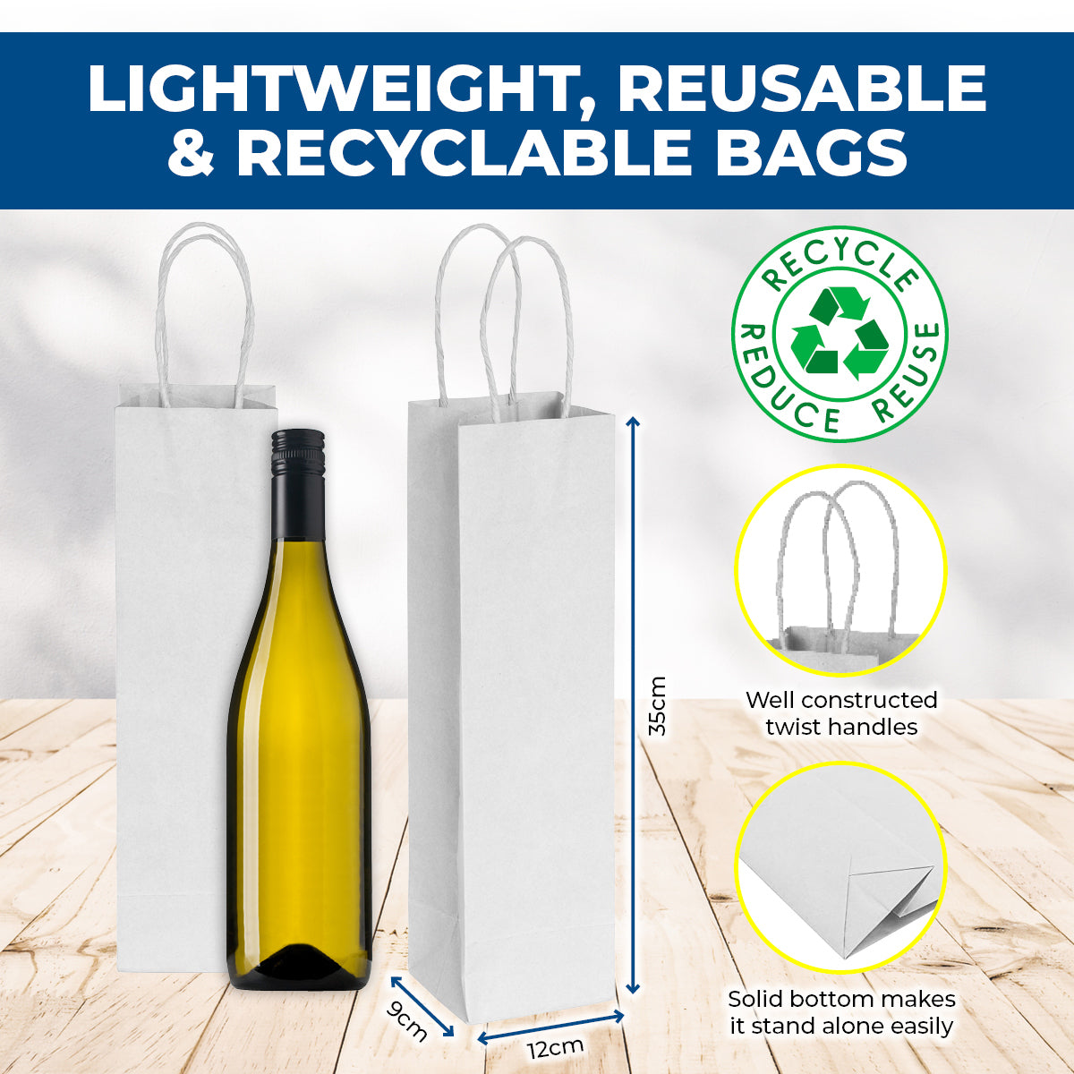 Party Central 72PCE Gift/Craft Paper Bottle Bags White Reusable 12 x 35cm