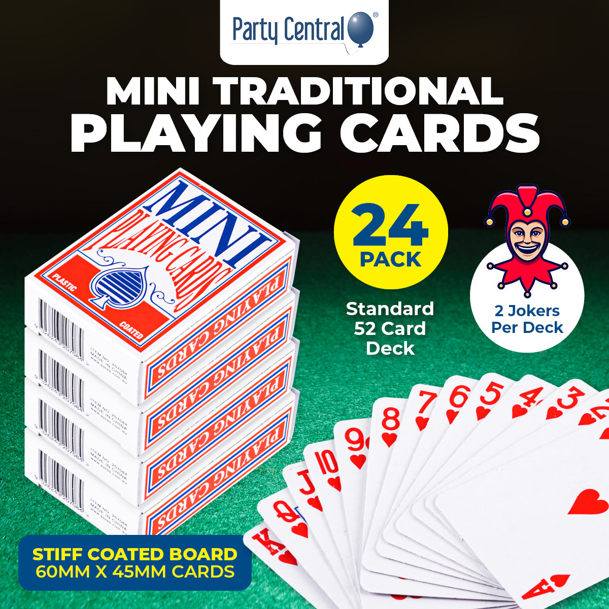Party Central 24PCE Mini Traditional Playing Cards Tear Resistant 45 x 60mm