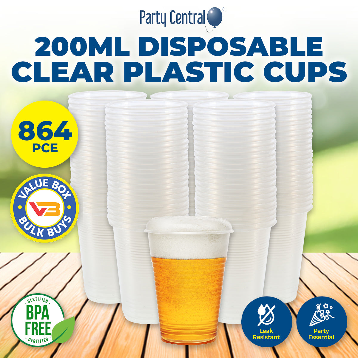 Party Central 864PCE Plastic Cups Clear Strong Disposable Recyclable 200ml