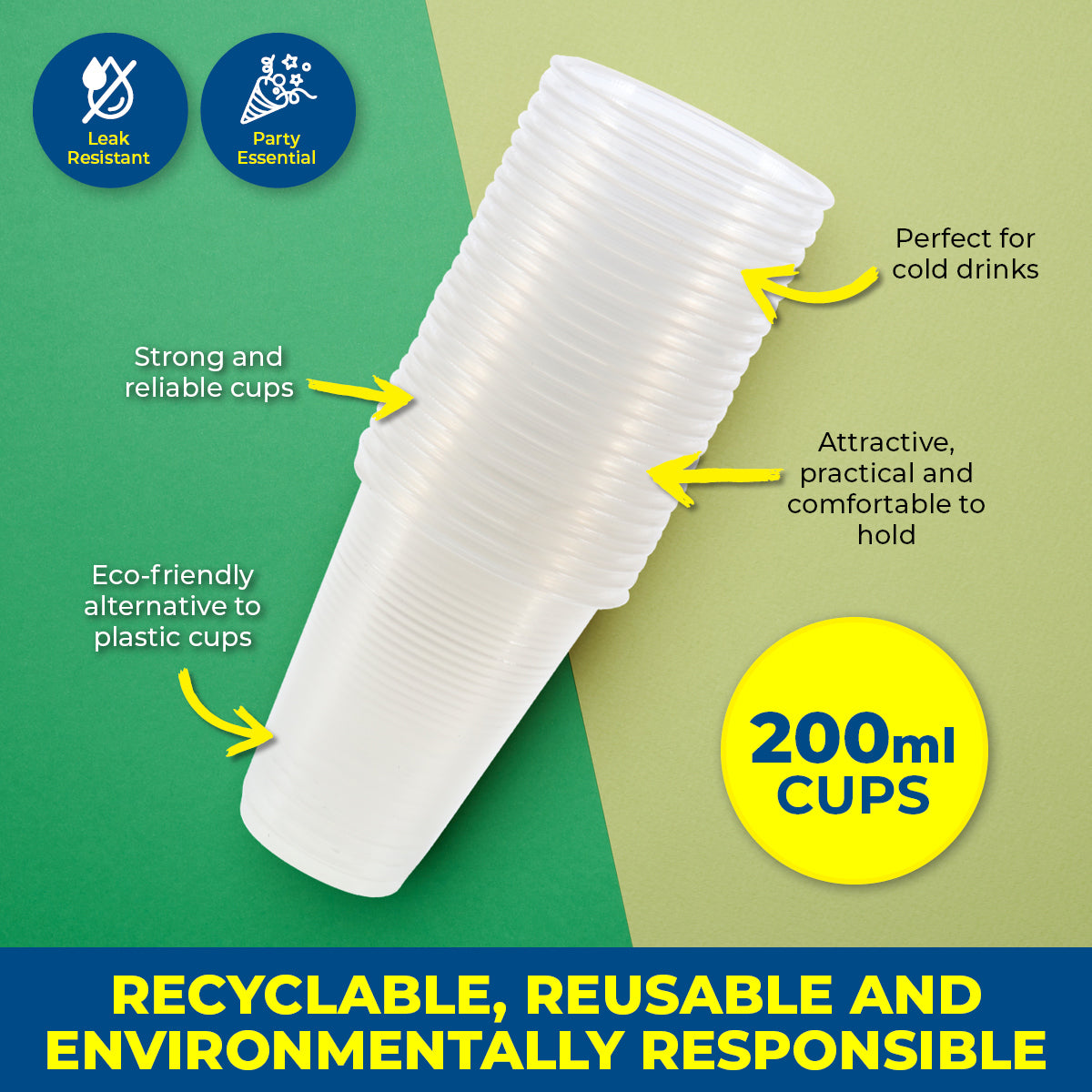 Party Central 864PCE Plastic Cups Clear Strong Disposable Recyclable 200ml