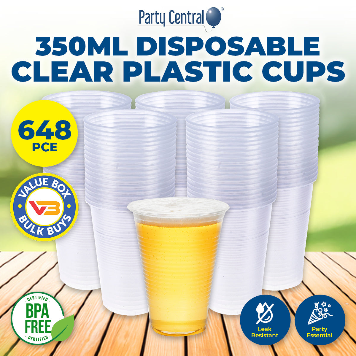 Party Central 648PCE Plastic Cups Clear Strong Disposable Recyclable 350ml