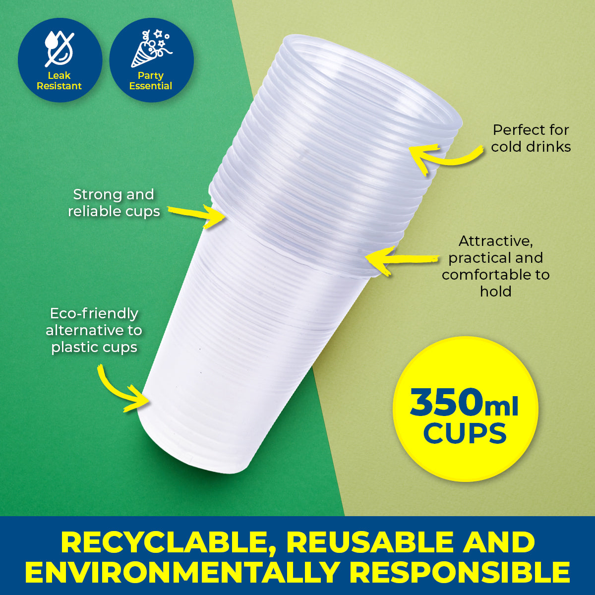 Party Central 648PCE Plastic Cups Clear Strong Disposable Recyclable 350ml
