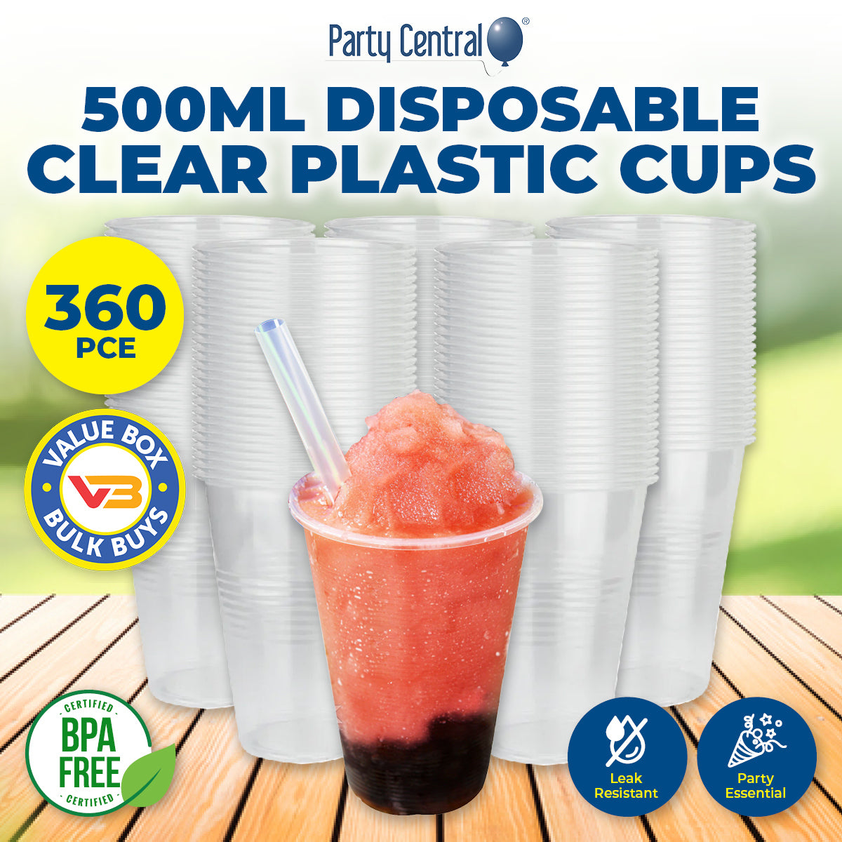 Party Central 360PCE Plastic Cups Clear Strong Disposable Recyclable 500ml
