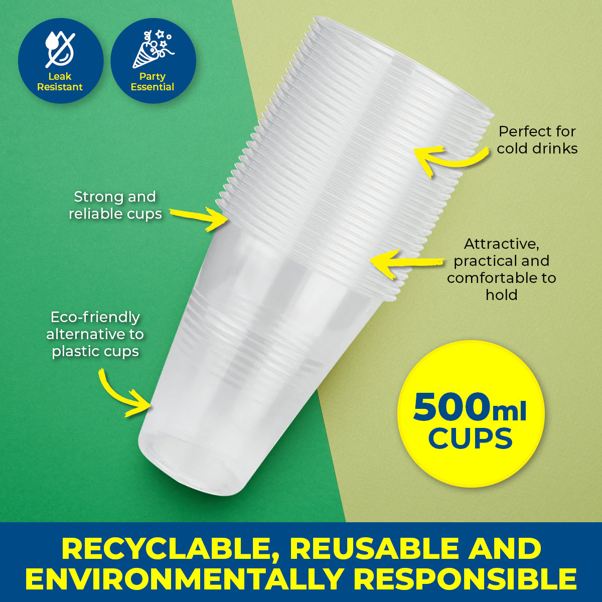 Party Central 360PCE Plastic Cups Clear Strong Disposable Recyclable 500ml