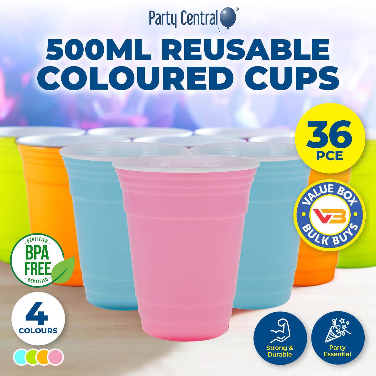 Party Central 36PCE Coloured Cups Reusable Lightweight Durable High Quality