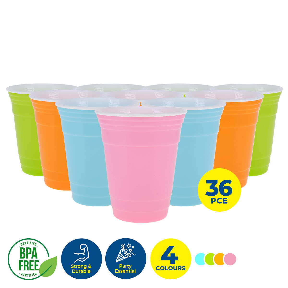 Party Central 36PCE Coloured Cups Reusable Lightweight Durable High Quality