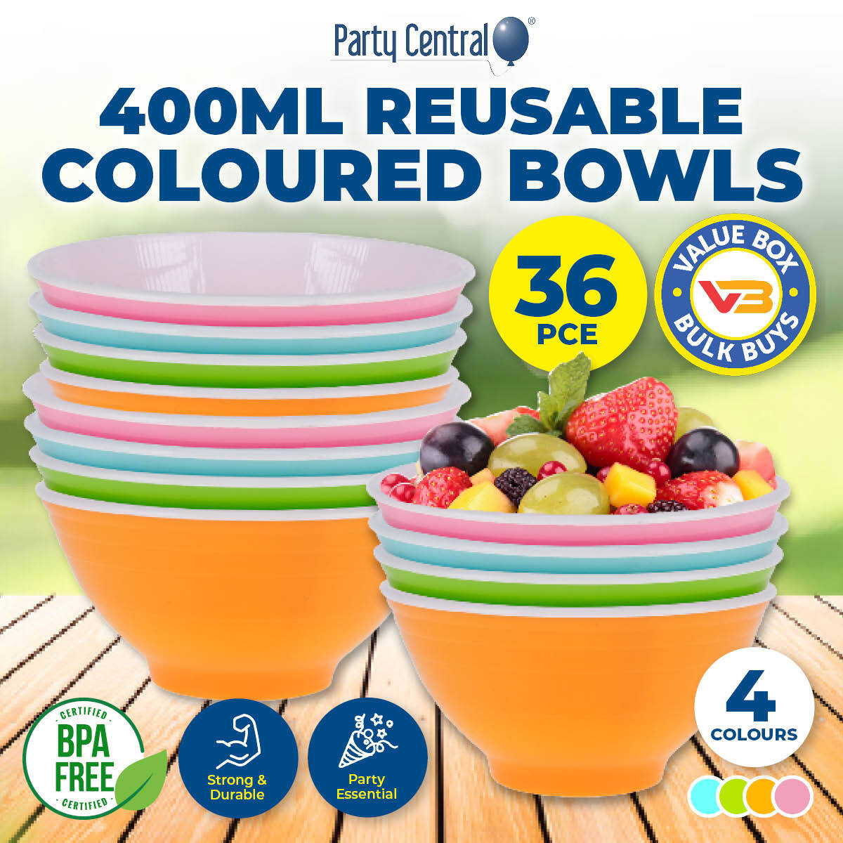 Party Central 36PCE Coloured Bowls Reusable Lightweight Durable High Quality
