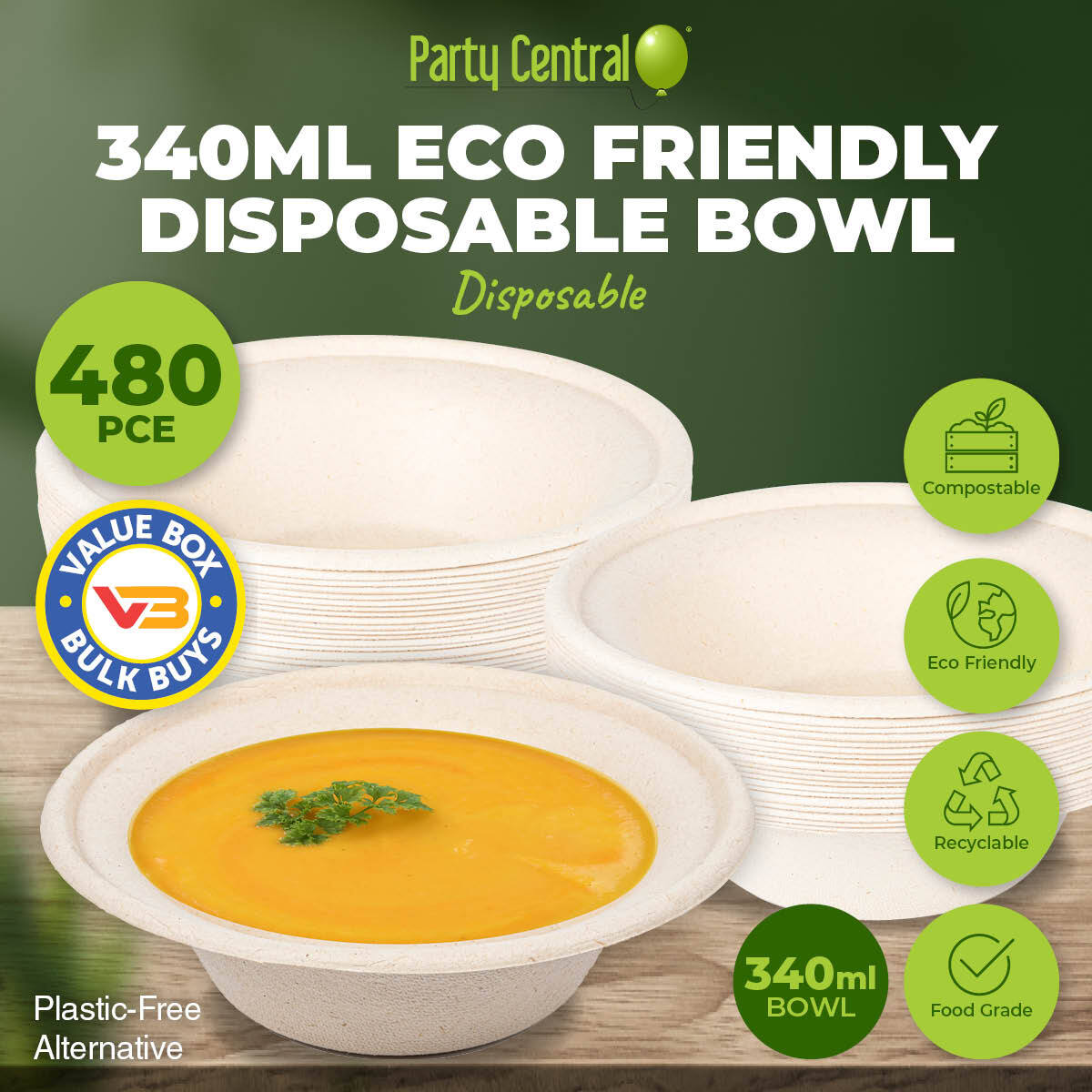 Party Central 480PCE Bowls Salad Soup Eco-Friendly Recyclable Durable 340ml