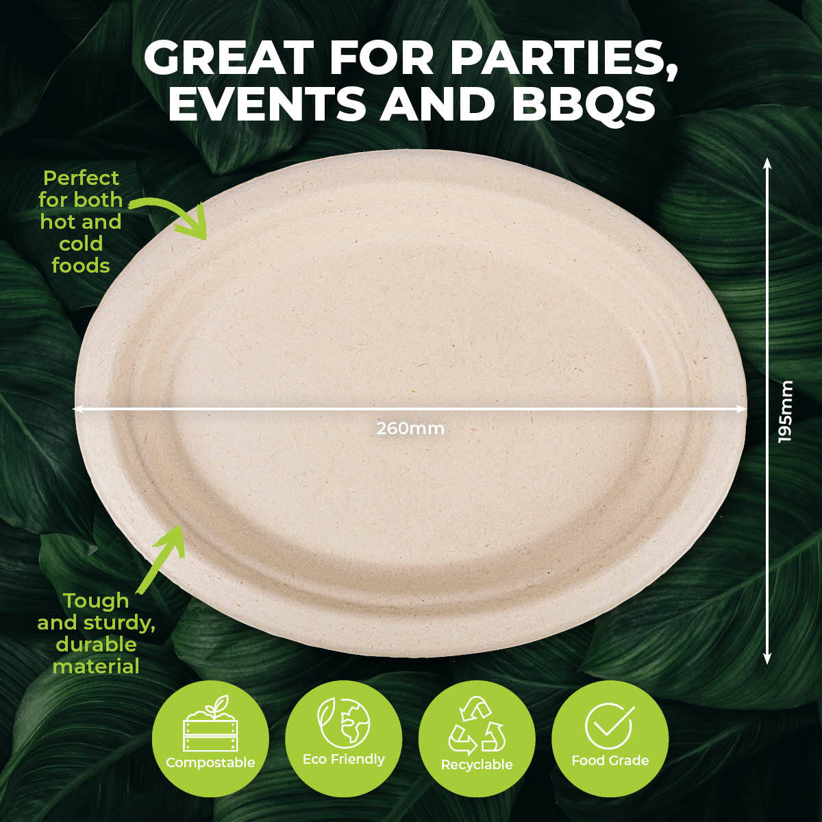 Party Central 240PCE Dinner Plates Oval Eco-Friendly Recyclable Durable 26cm