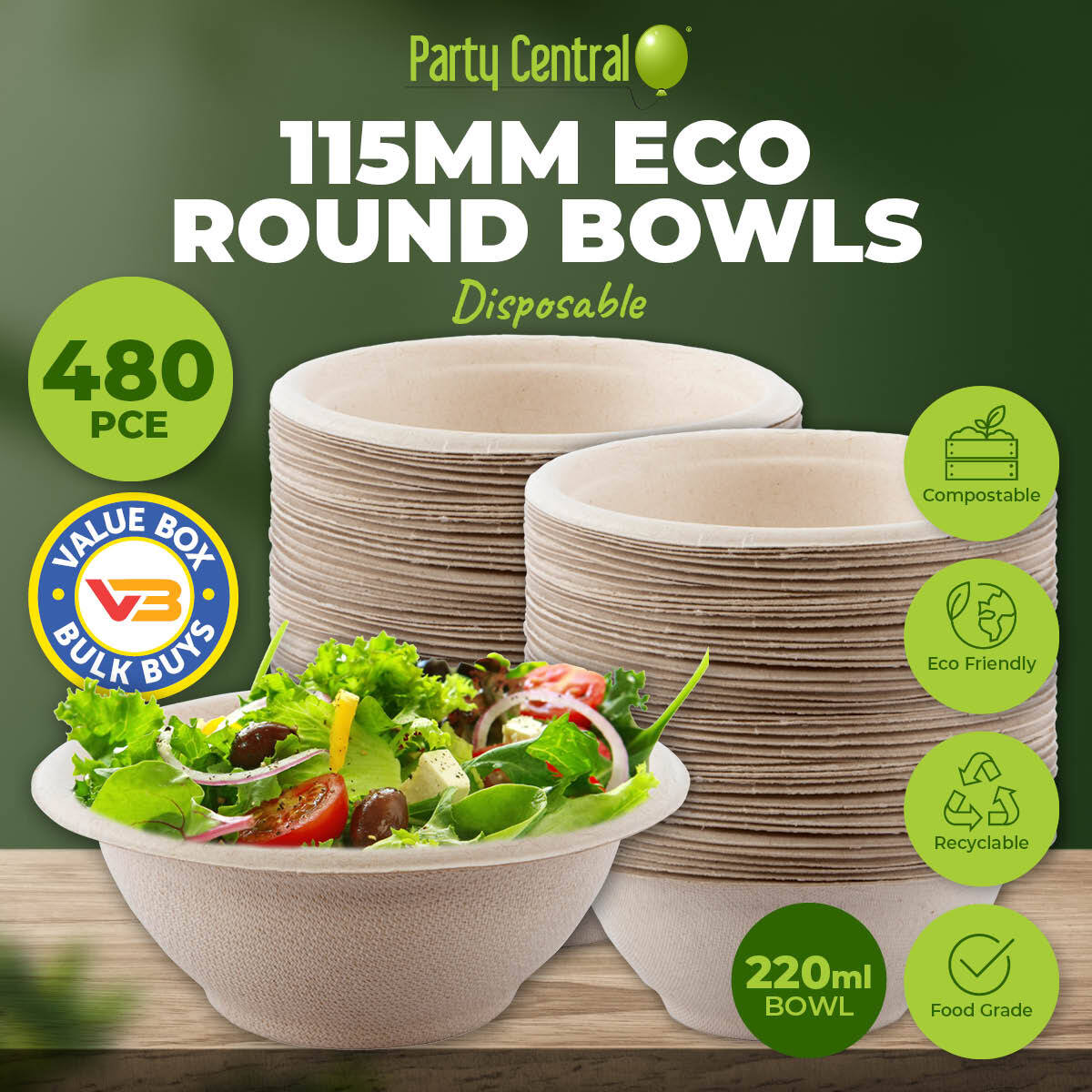 Party Central 480PCE Bowls Salad Soup Eco-Friendly Recyclable Durable 220ml
