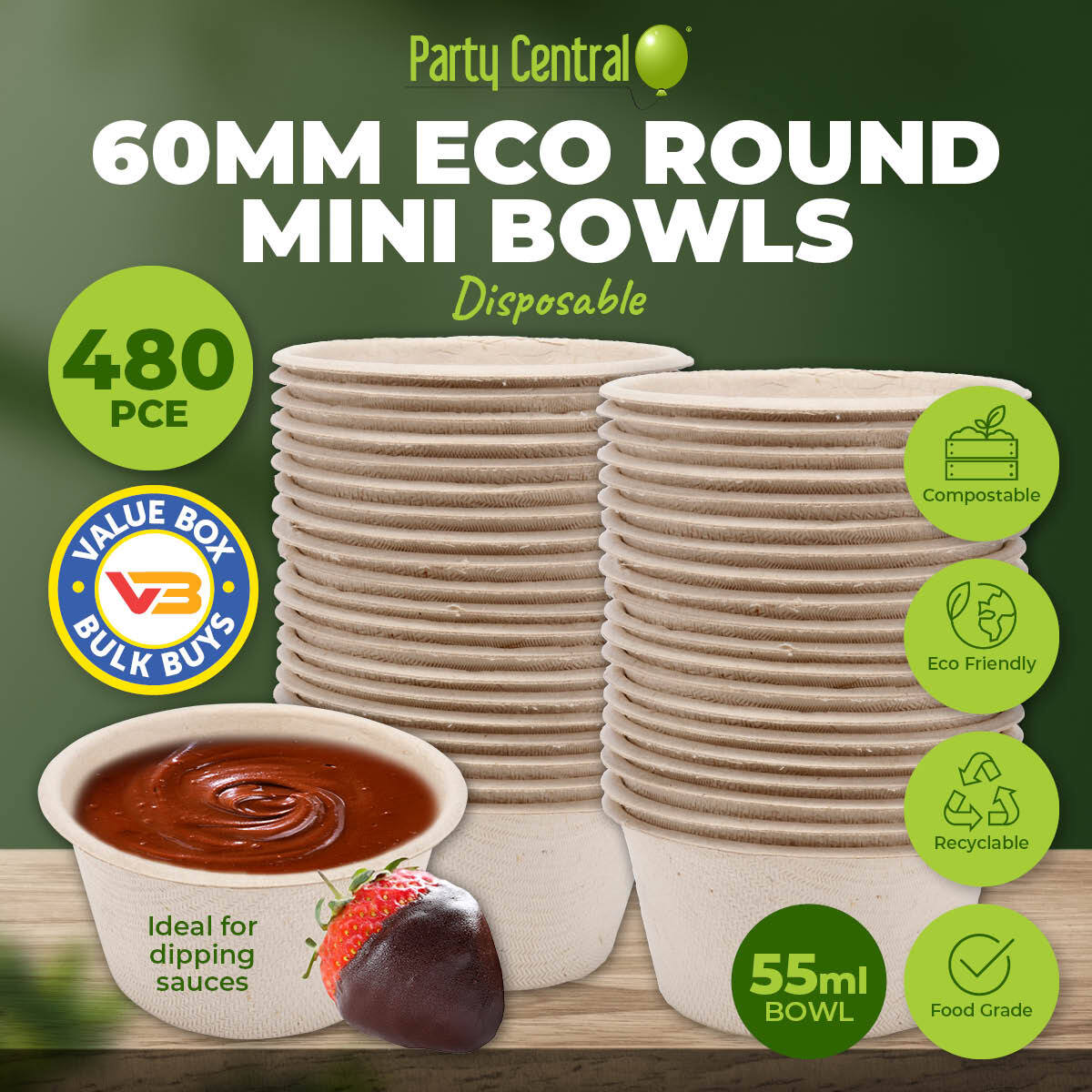 Party Central 480PCE Mini Sauce Dip Bowls Eco-Friendly Recyclable Durable 6cm