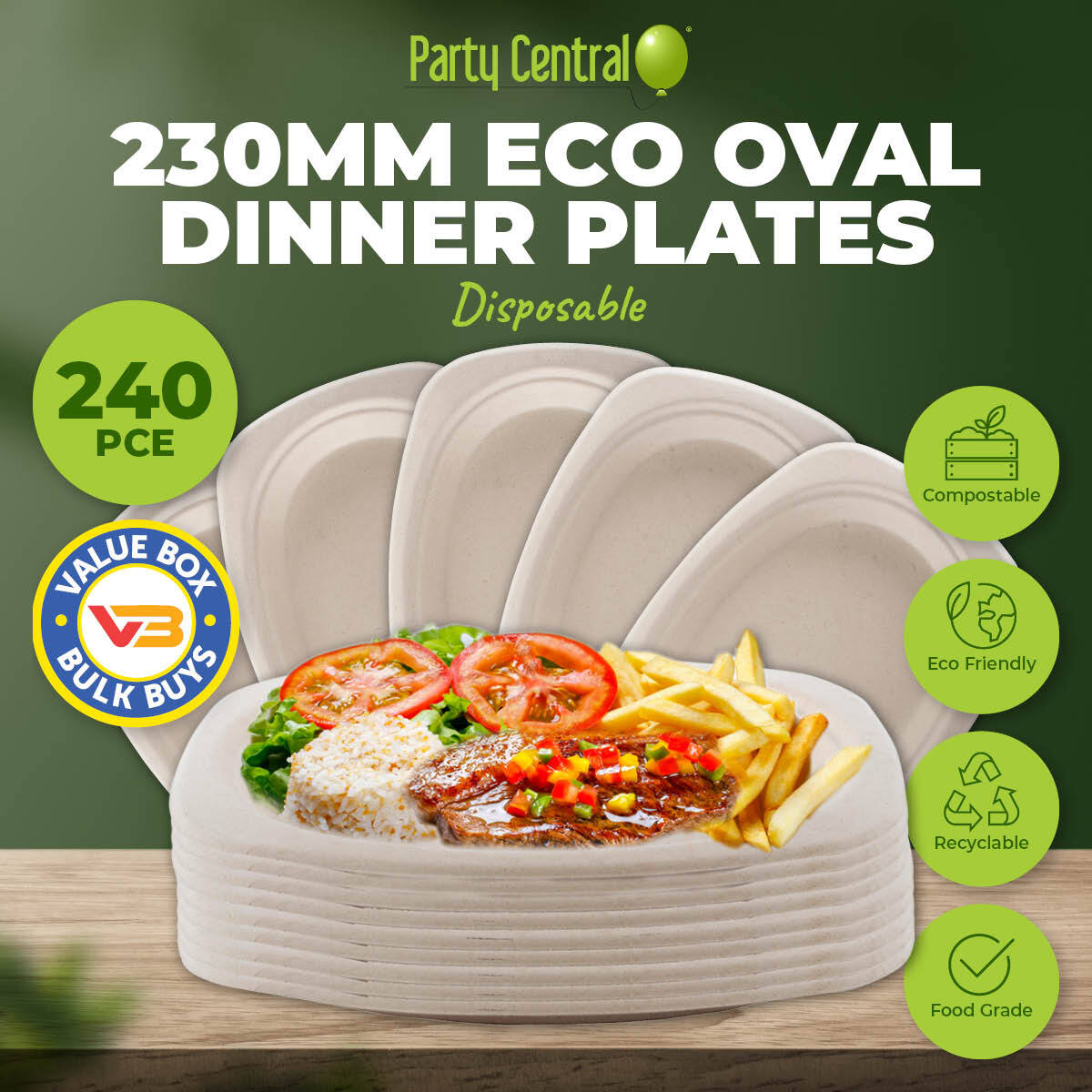 Party Central 240PCE Dinner Plates Oval Eco-Friendly Recyclable Durable 23cm