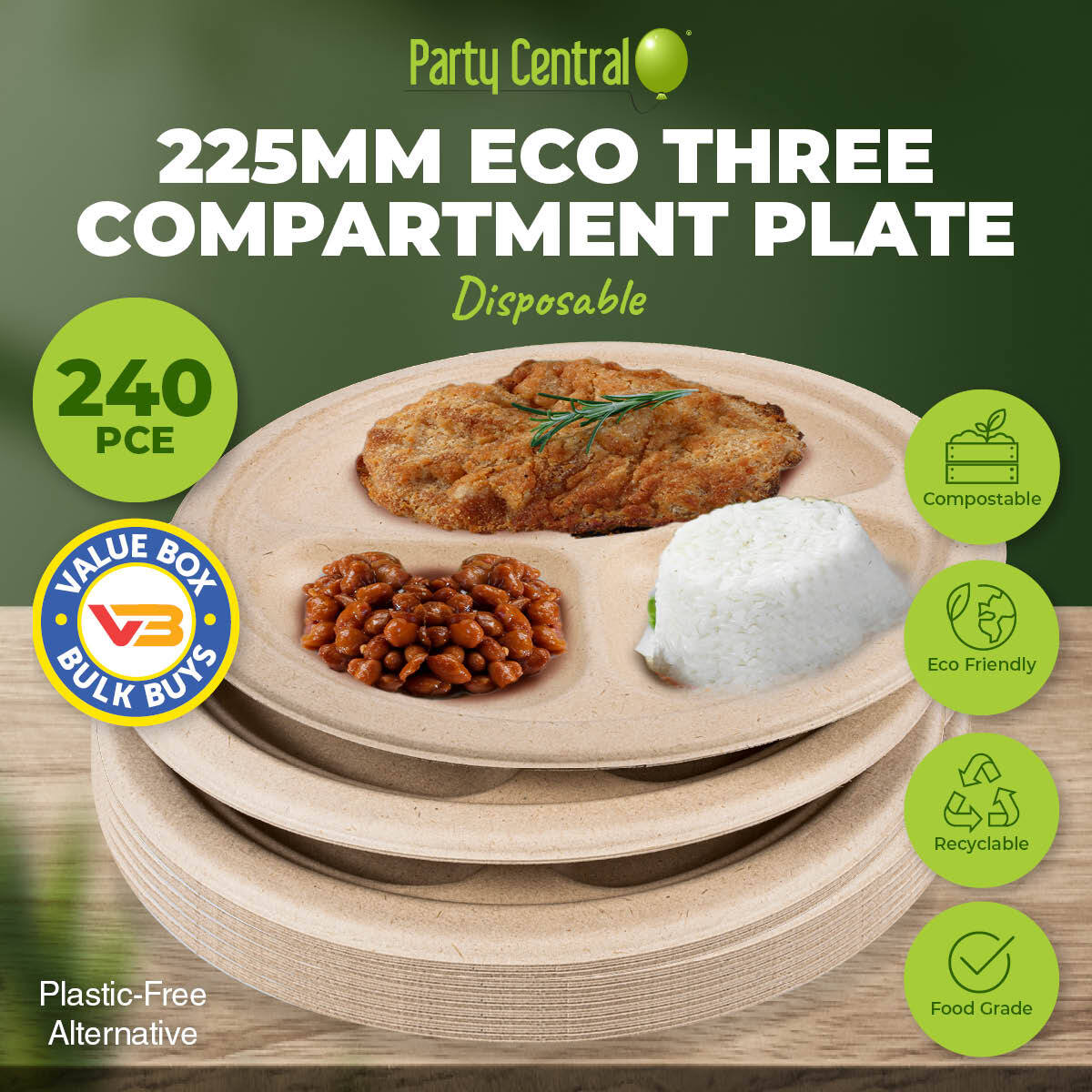 Party Central 240PCE 3 Section Plate Eco-Friendly Recyclable Durable 22.5cm