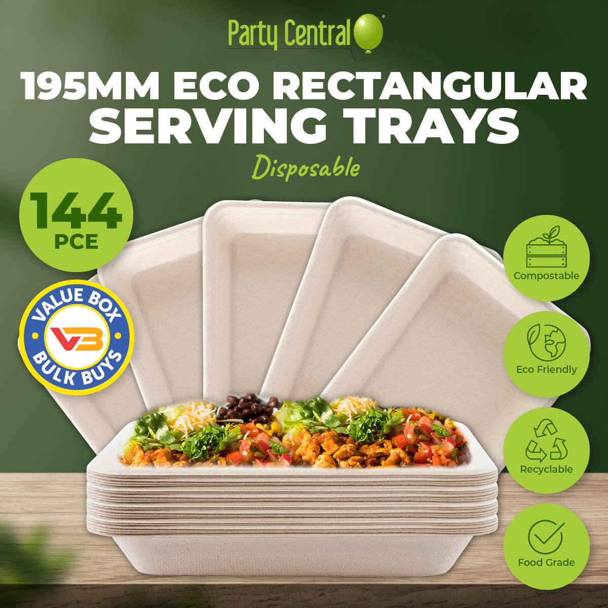 Party Central 144PCE Serving Trays Eco-Friendly Recyclable Durable 19.5cm