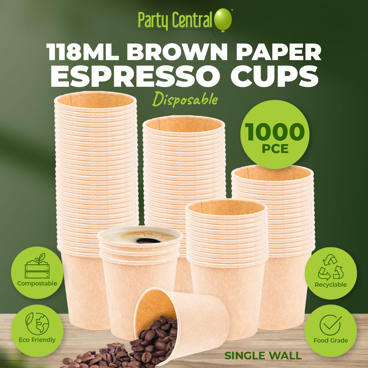 Party Central 1000PCE 118ml Espresso Cups Disposable Recycable 5.5 x 5.5cm