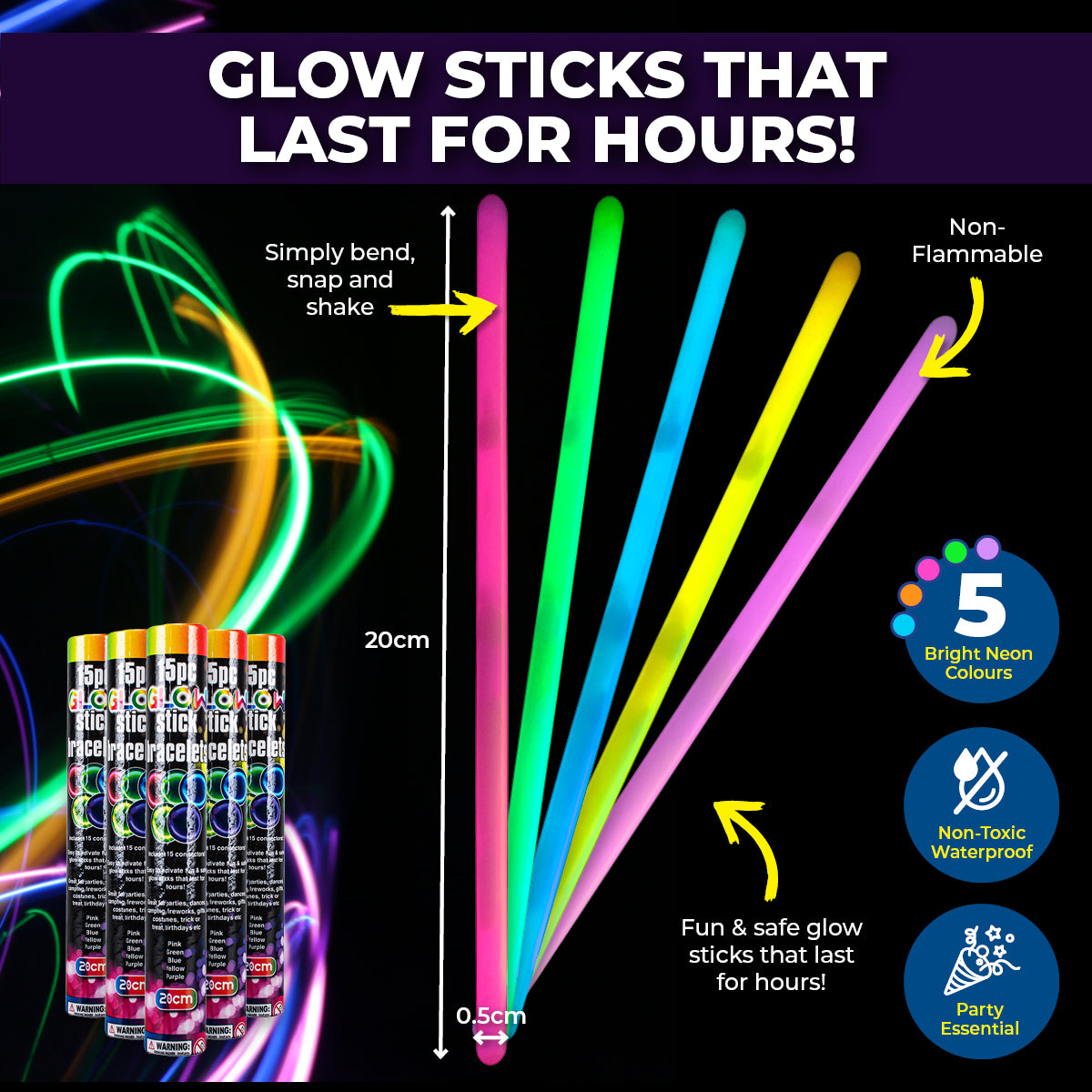 Party Central 540PCE Glow Stick Bracelets Bright Long Lasting Colours 20cm