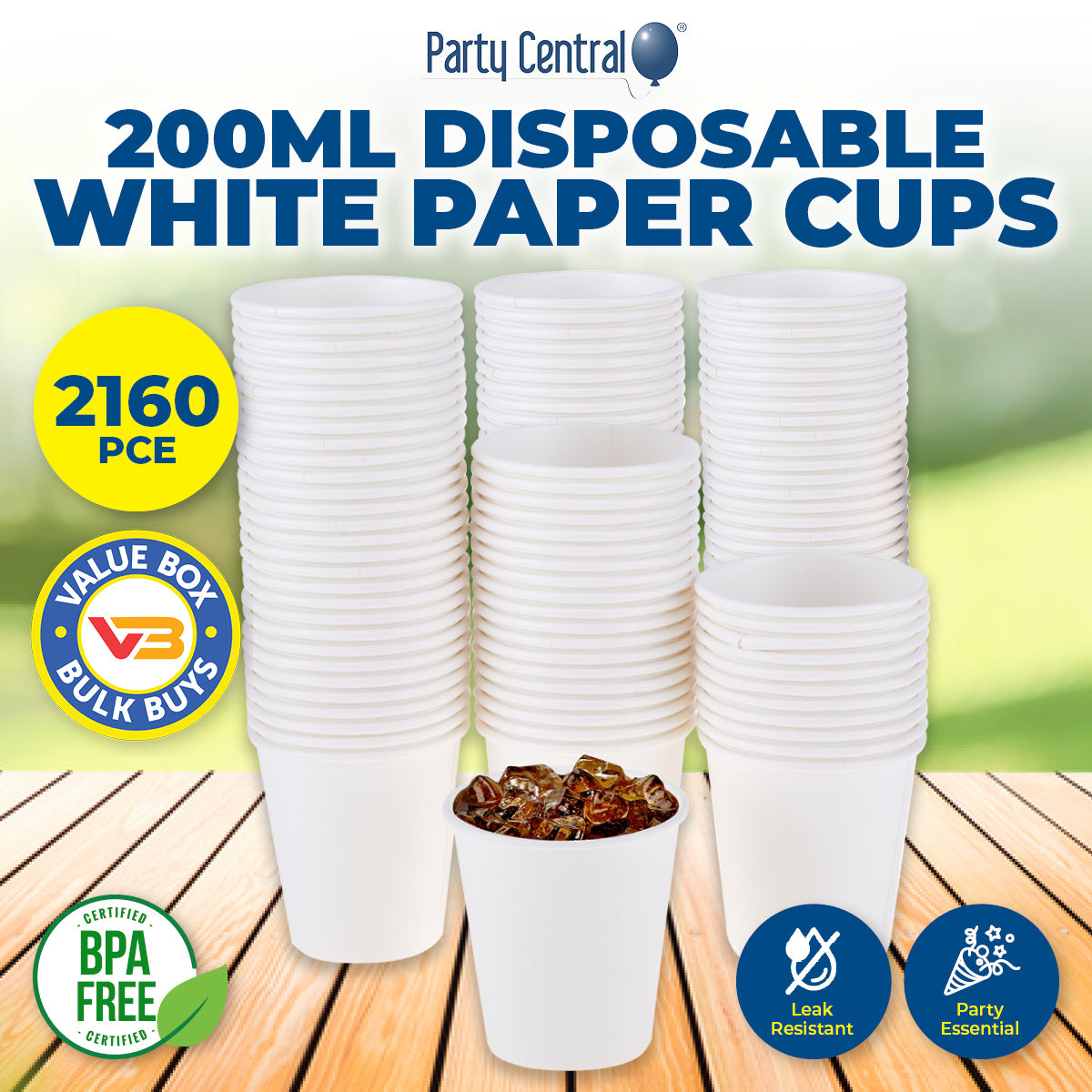 Party Central 2160PCE White Paper Cups Disposable Leak Resistant 200ml
