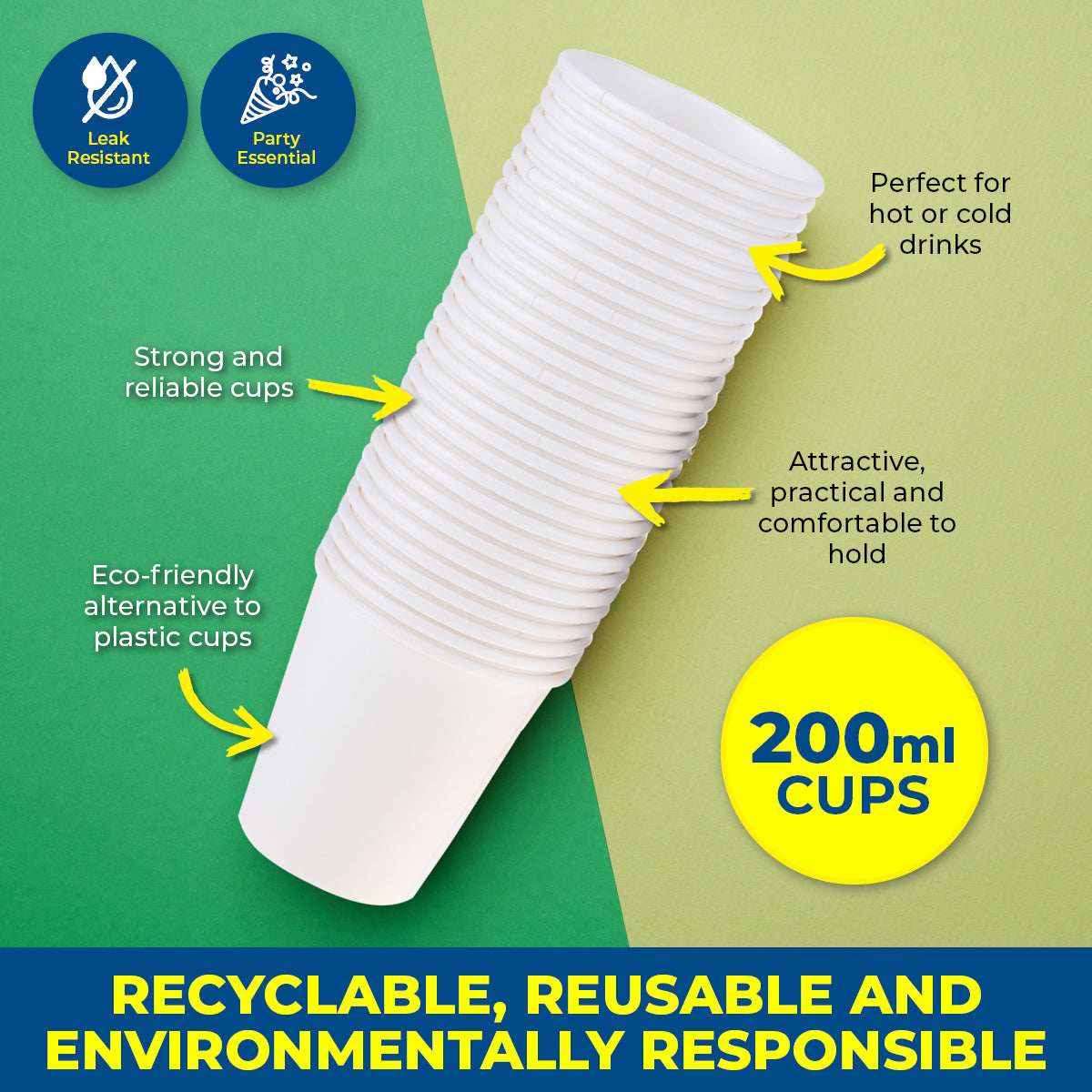 Party Central 2160PCE White Paper Cups Disposable Leak Resistant 200ml