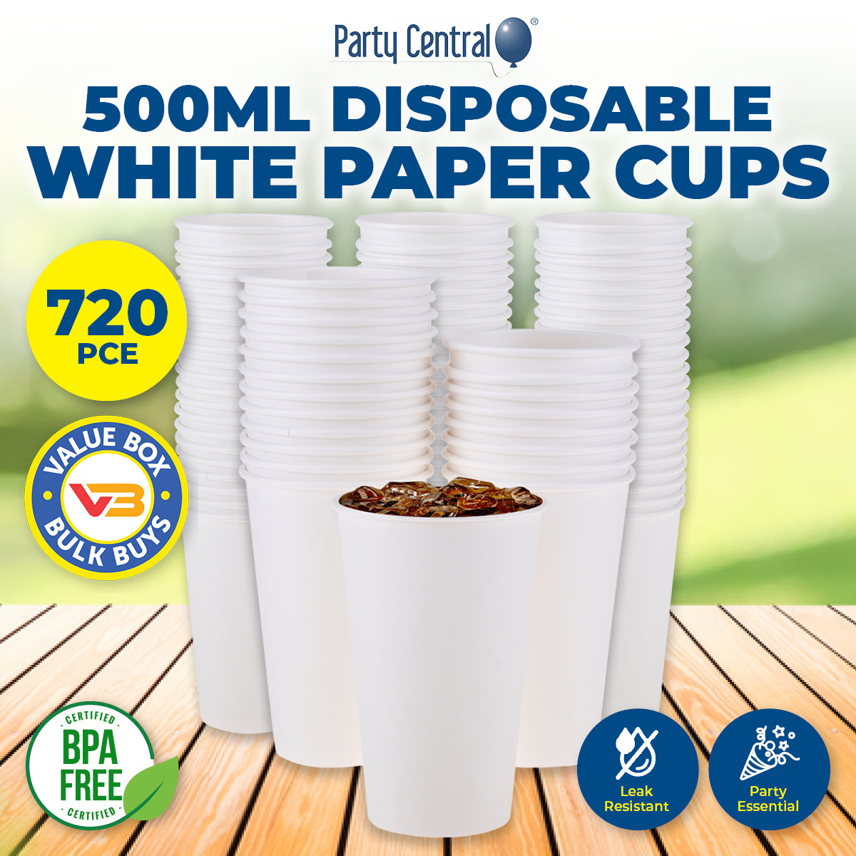 Party Central 720PCE White Paper Cups Disposable Leak Resistant 500ml