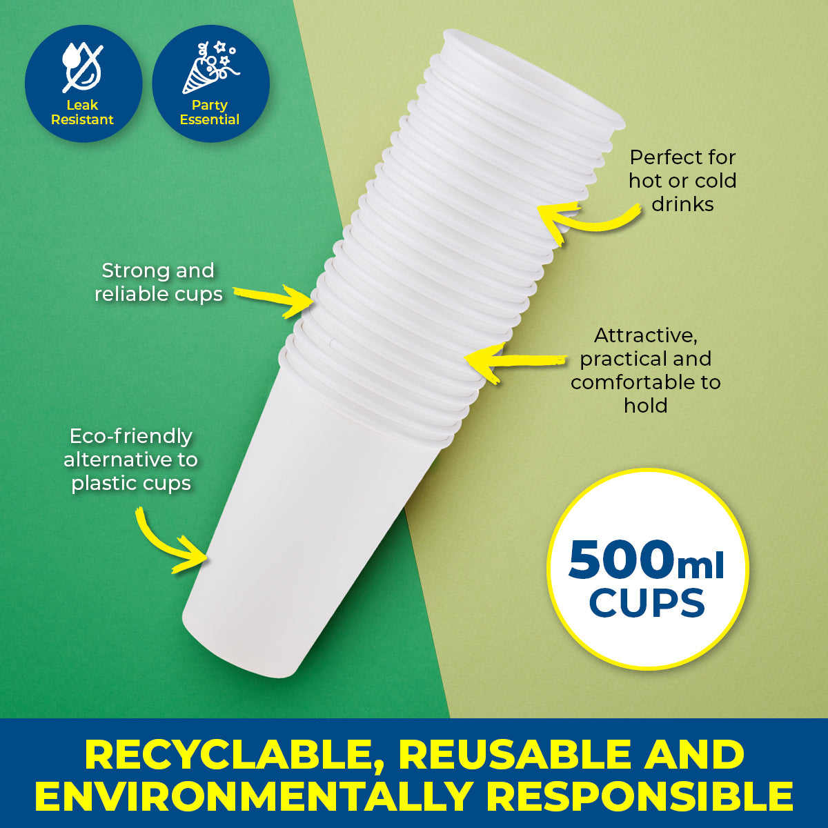 Party Central 720PCE White Paper Cups Disposable Leak Resistant 500ml
