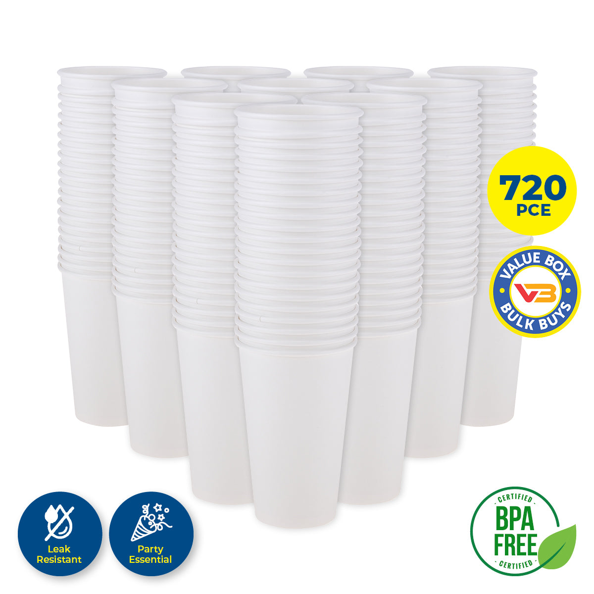 Party Central 720PCE White Paper Cups Disposable Leak Resistant 500ml