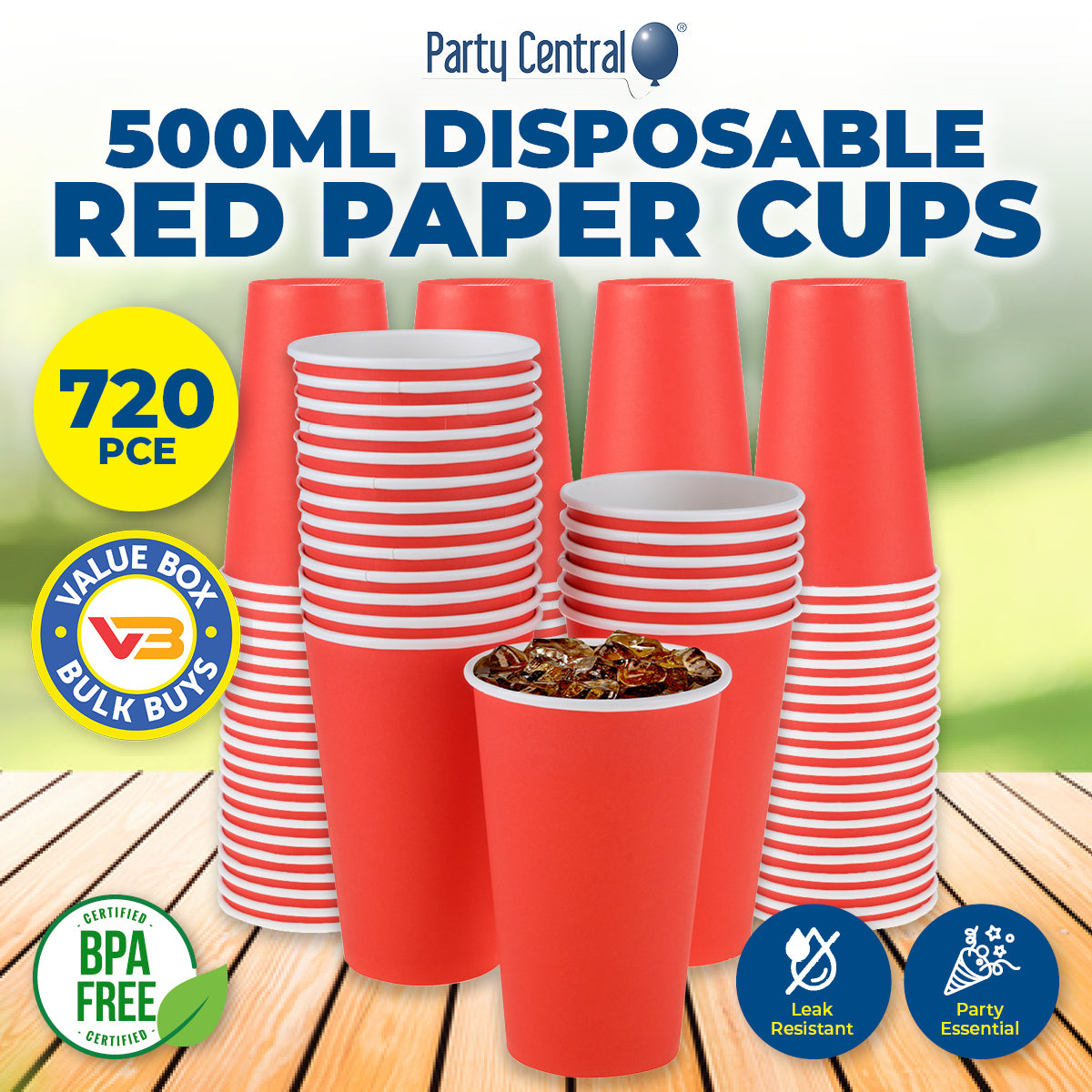 Party Central 720PCE Red Paper Cups Disposable Leak Resistant 500ml