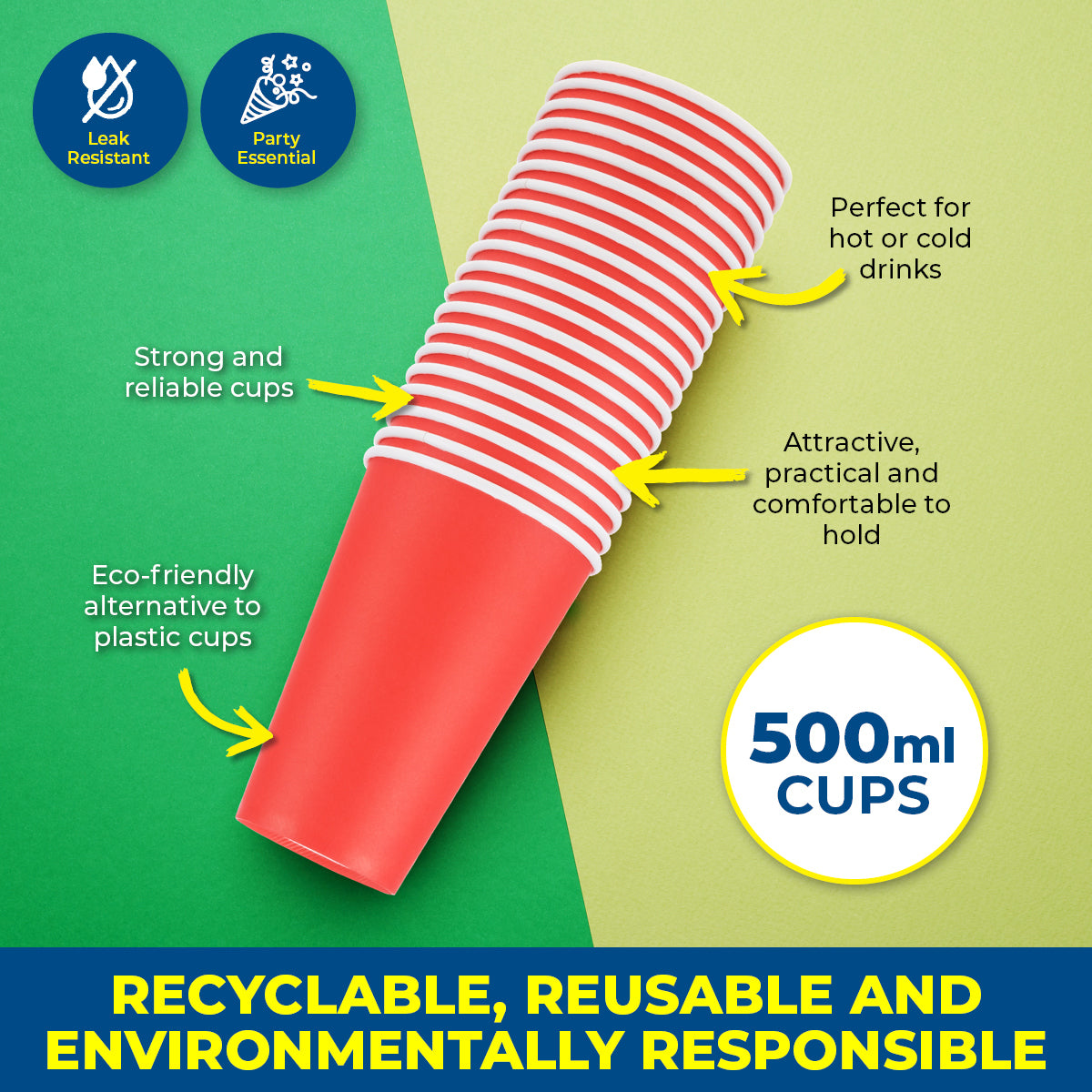 Party Central 720PCE Red Paper Cups Disposable Leak Resistant 500ml